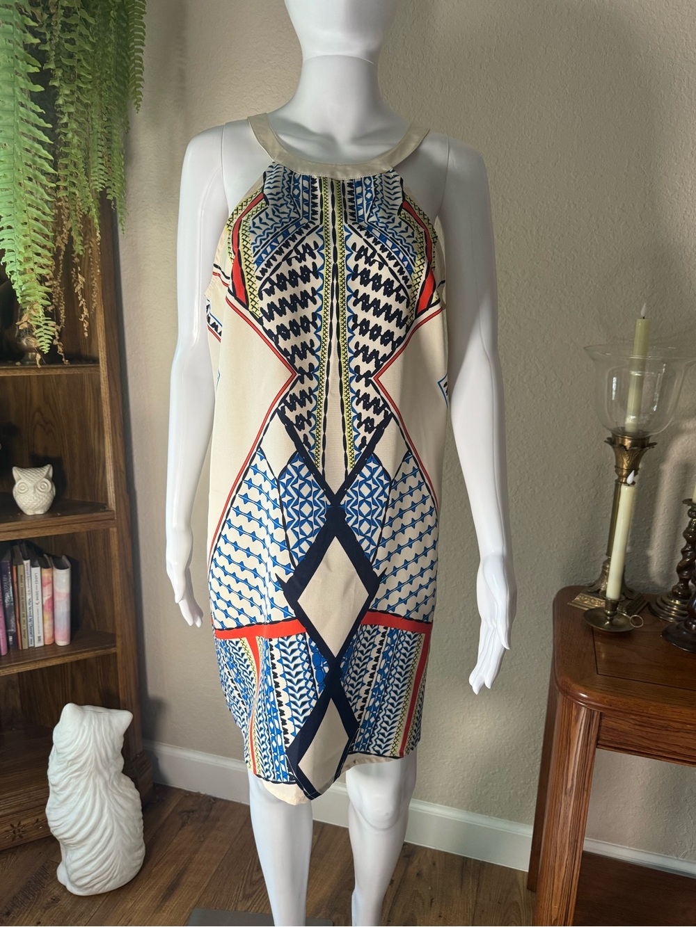 VENUS Cream Halter Shift Dress with Blue and Red Geometric Print